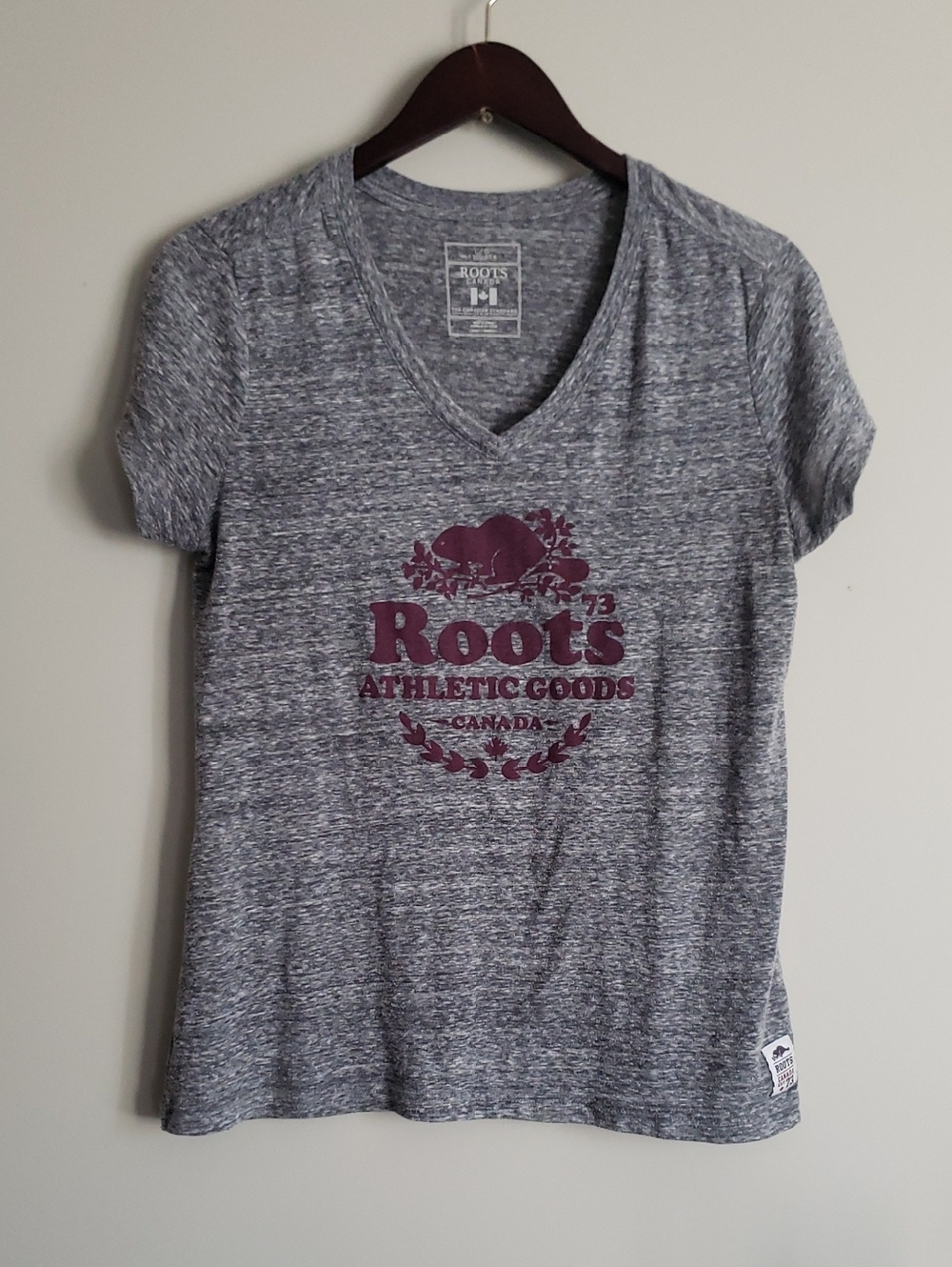 Roots Women's Heather Gray V-Neck Tee with Maroon Logo